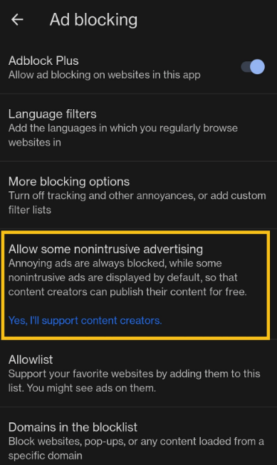 A screenshot of Acceptable Ads being shown in a browser's ad-filtering settings