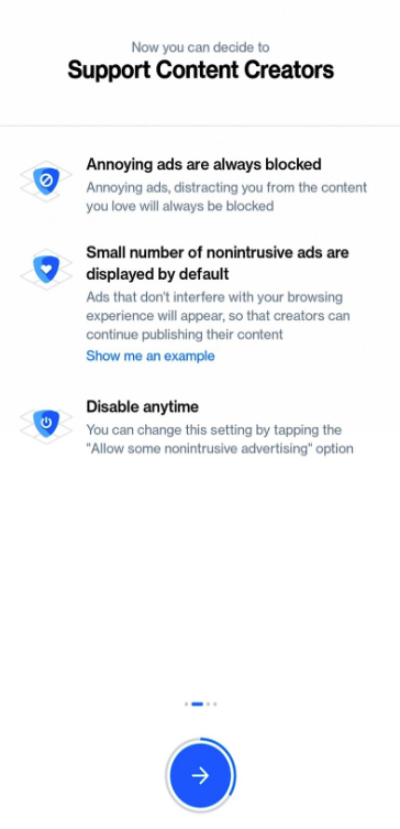 A screenshot of Acceptable Ads being shown during an onboarding page